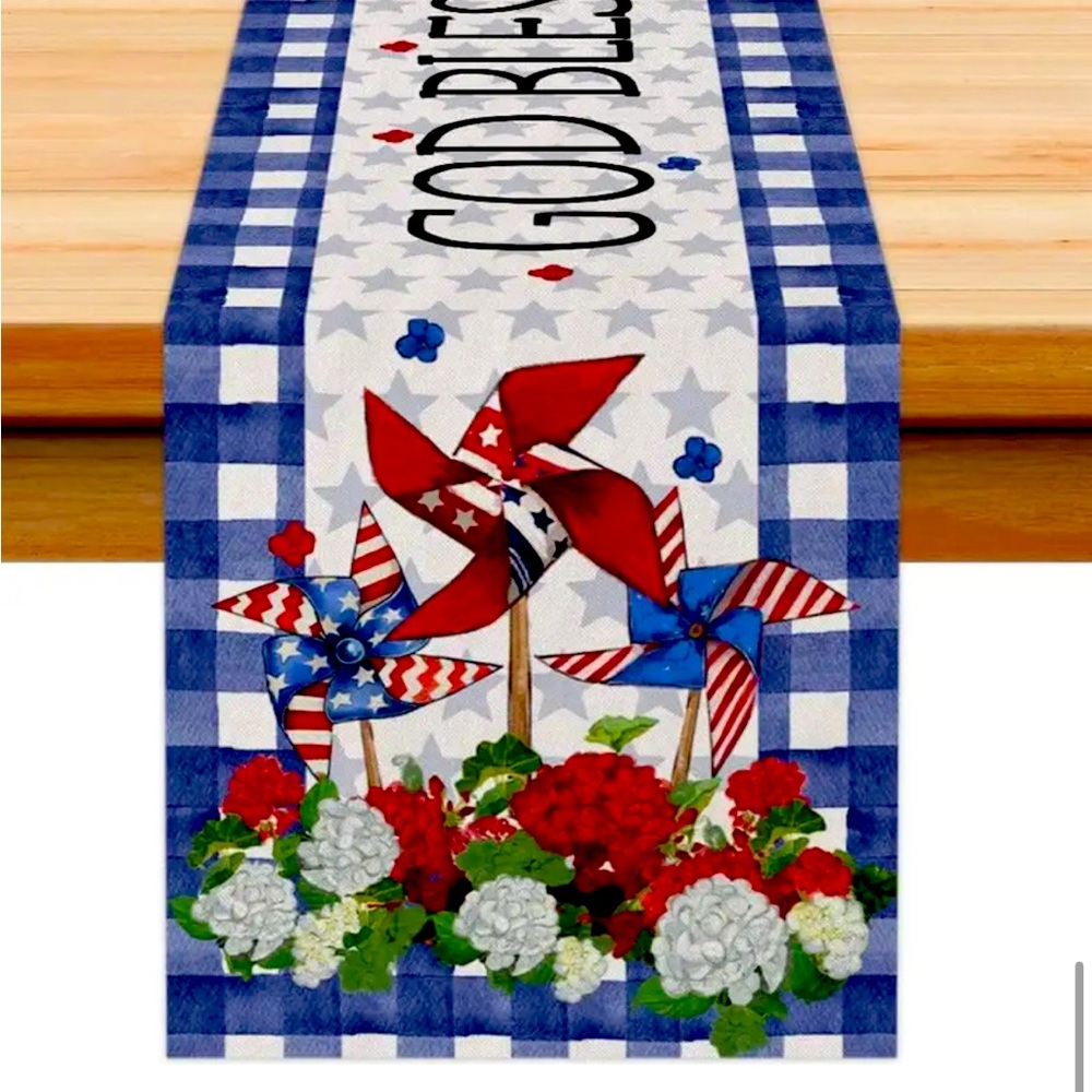 Table Runner 4th Of July Patriotic Decor Blue Buffalo Check & pinwheel floral